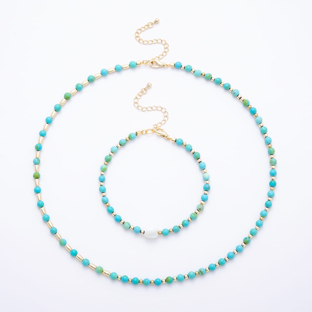 16K Gold Filled 4.5mm Blue Turquoise Round Bead Gemstone Chain 18 Inch Necklace, 8 Inch Bracelet | WA-00329 WA-00643