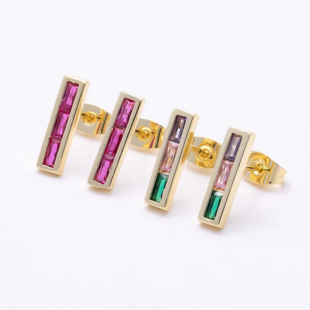 16K Gold Filled 13mm Vertical Bar Multi-Color Baguette CZ Stud Earrings | Earrings-00932 - Earrings-00933