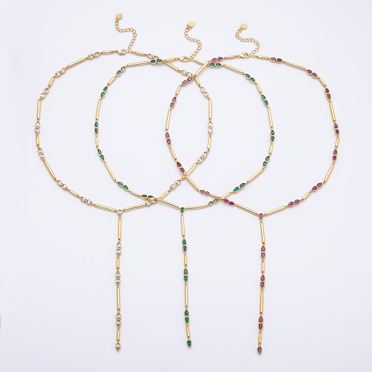 16K Gold Filled 4mm Clear, Green, Fuchsia CZ Teardrop Bar Lariat 17.5 Inch Necklace | WA-00146 WA-00153 WA-00185