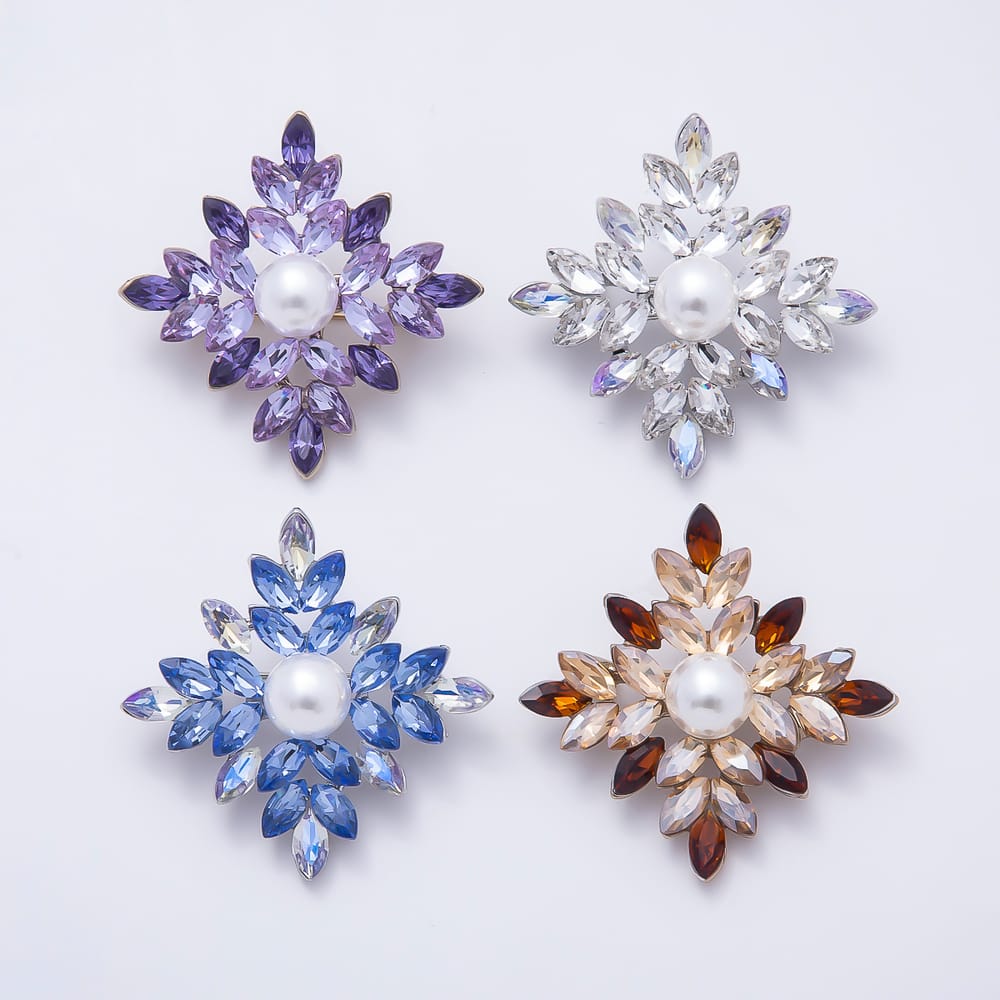 Silver 51mm Brown, Clear, Purple, Blue Rhinestone Shell Pearl Snowflake Winter Pin Brooch | BH-00202 ~ BH-00205