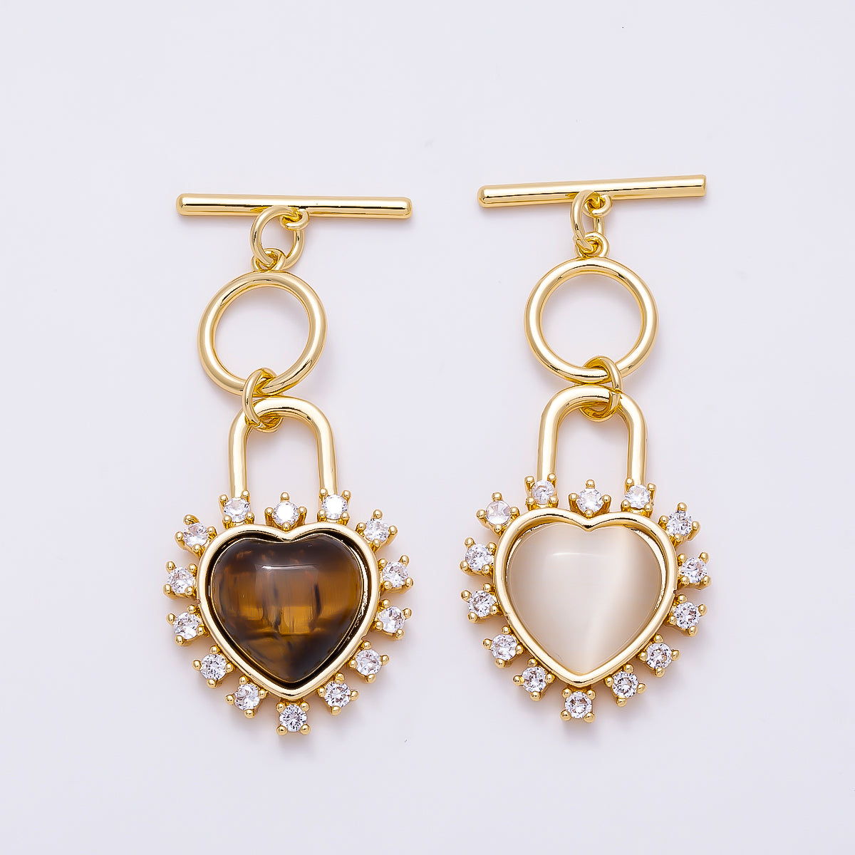 16K Gold Filled Cats Eye, Tiger Eye CZ Heart Padlock Toggle Clasps Closure | Findings-00415 Findings-00416