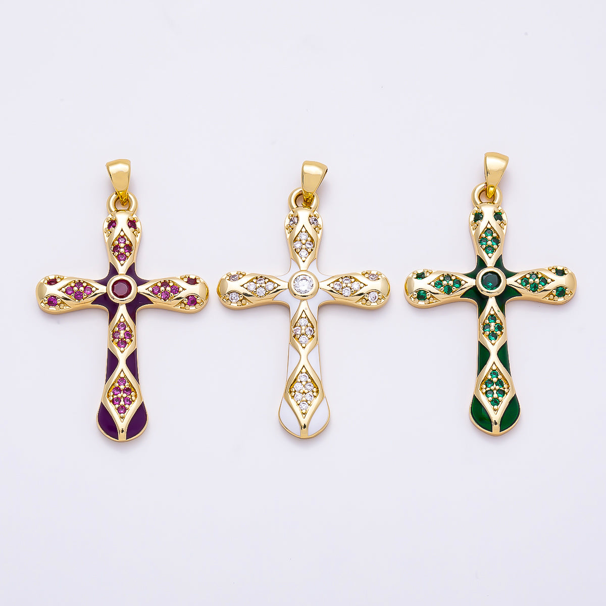 16K Gold Filled 37mm White, Green, Red Enamel Micro Paved CZ Geometric Cross Pendant | Charms-01316 ~ Charms-01318