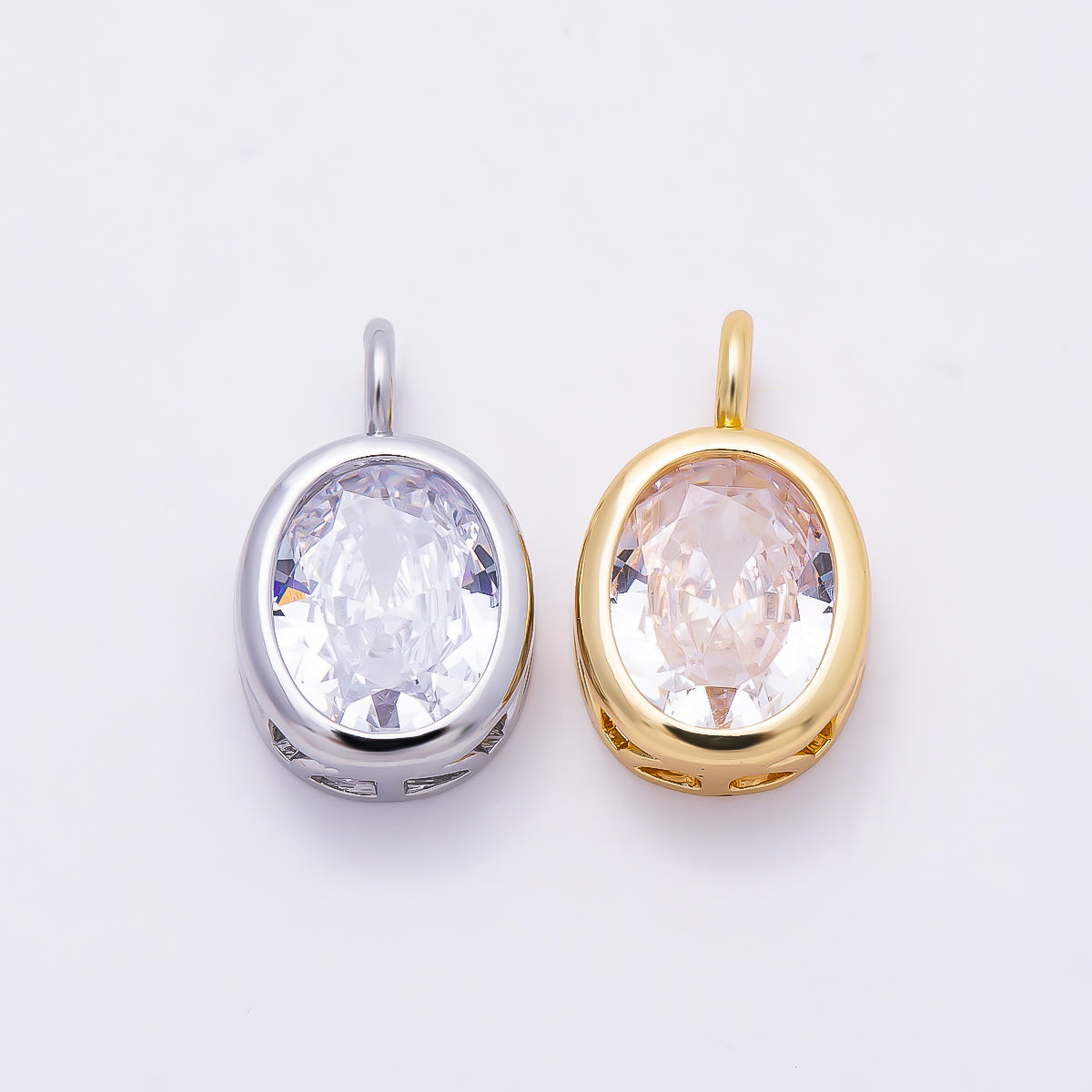 16K Gold Filled 16.5mm Oval CZ Bezel Solitaire Pendant in Gold & Silver | Charms-01374 Charms-01375