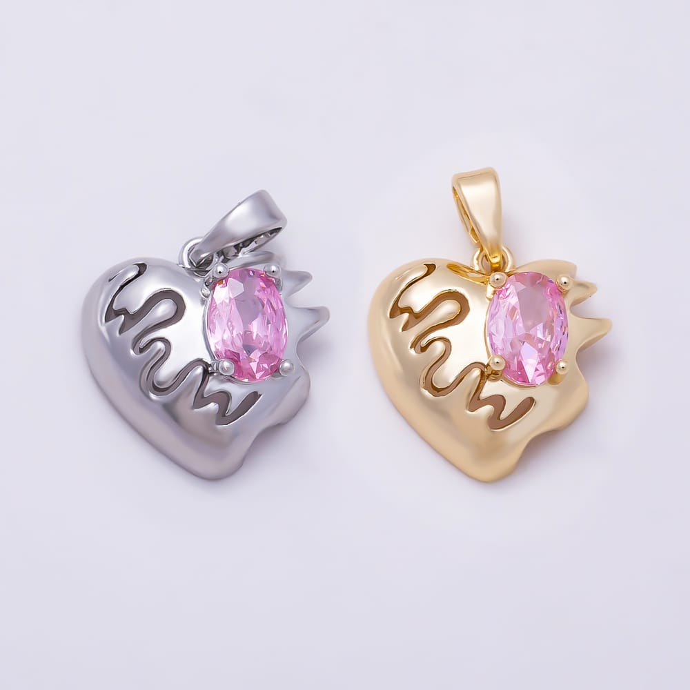 16K Gold Filled 15mm Pink Oval CZ Wave Molten Heart Pendant in Gold & Silver | Charms-02375 Charms-02376
