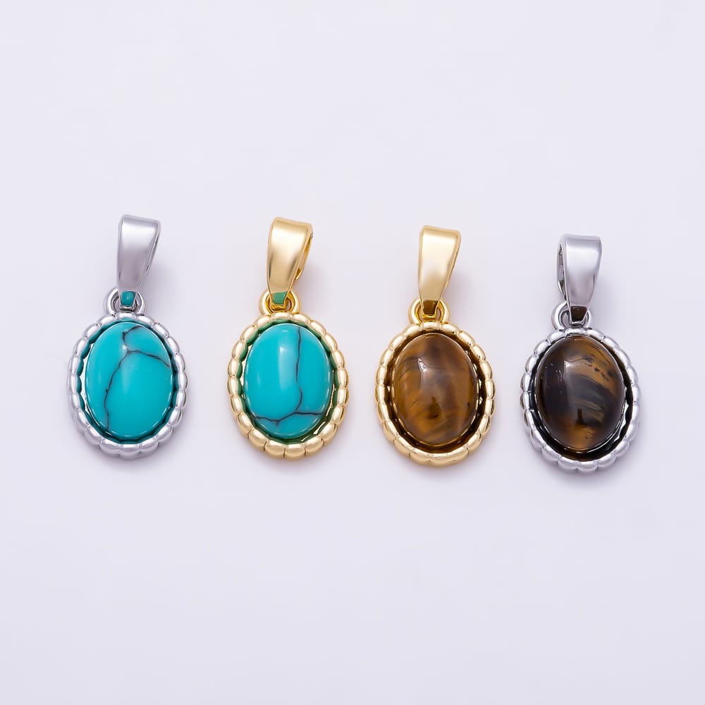 16K Gold Filled 15mm Turquoise, Tiger Eye Cabochon Bezel Oval Pendant in Gold & Silver | Charms-02335 ~ Charms-02338