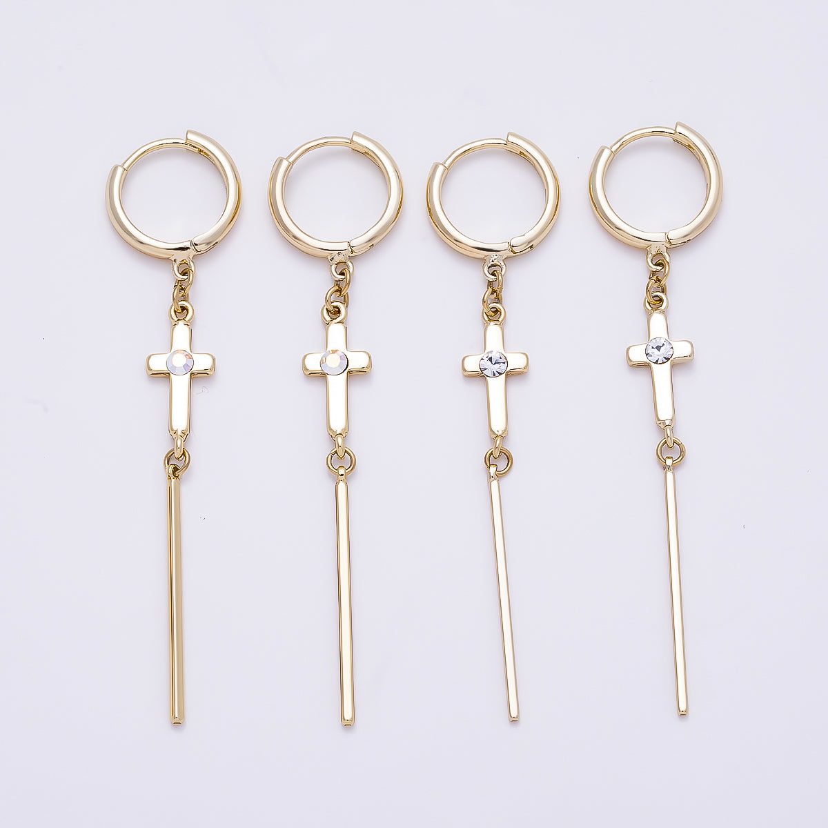 14K Gold Filled 60mm Iridescent AB, Clear CZ Religious Cross Bar Drop Huggie Earrings | Earrings-00648