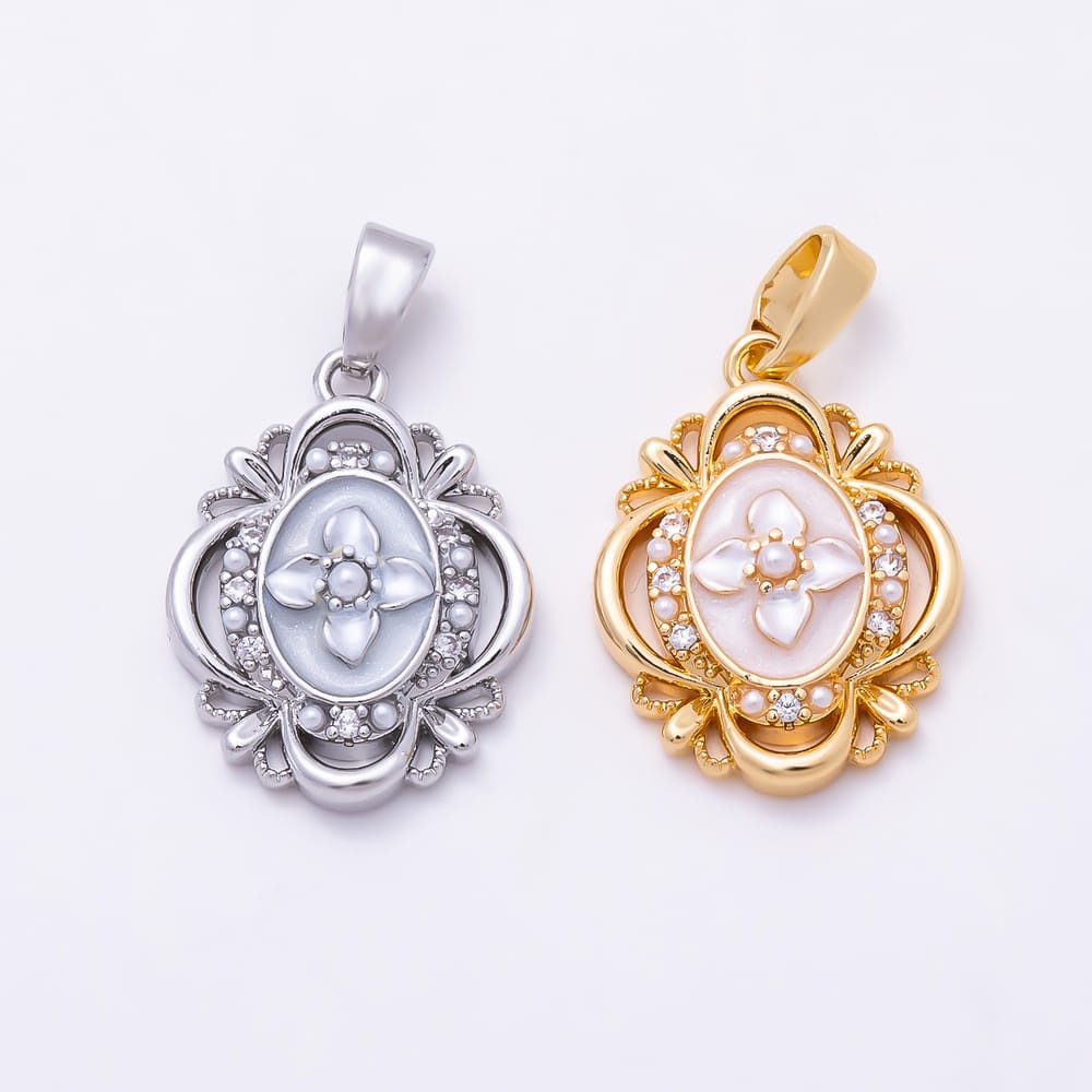 16K Gold Filled 18mm Clear CZ White Enamel Shell Pearl Flower Oval Artisan Pendant in Gold & Silver | Charms-02331 Charms-02332