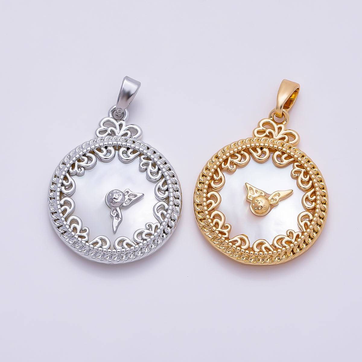 16K Gold Filled 24.5mm Mother of Pearl Clock Artisan Bezel Round Pendant in Gold & Silver | Charms-01362