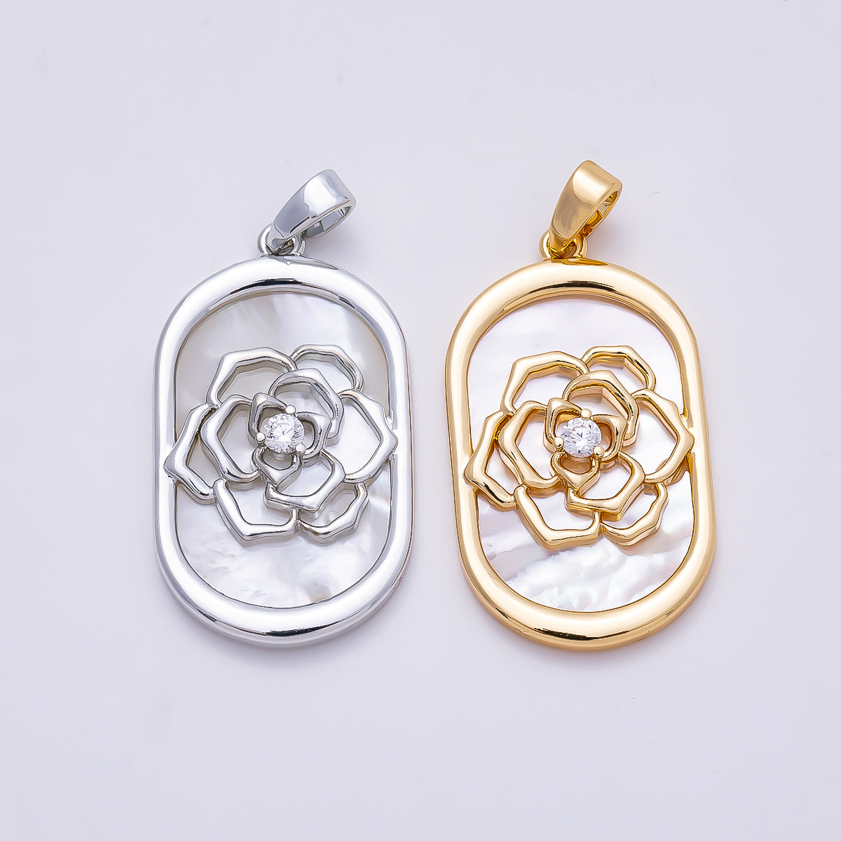 16K Gold Filled 27mm CZ Shell Pearl Rose Flower Oblong Oval Bezel Pendant | Charms-01360