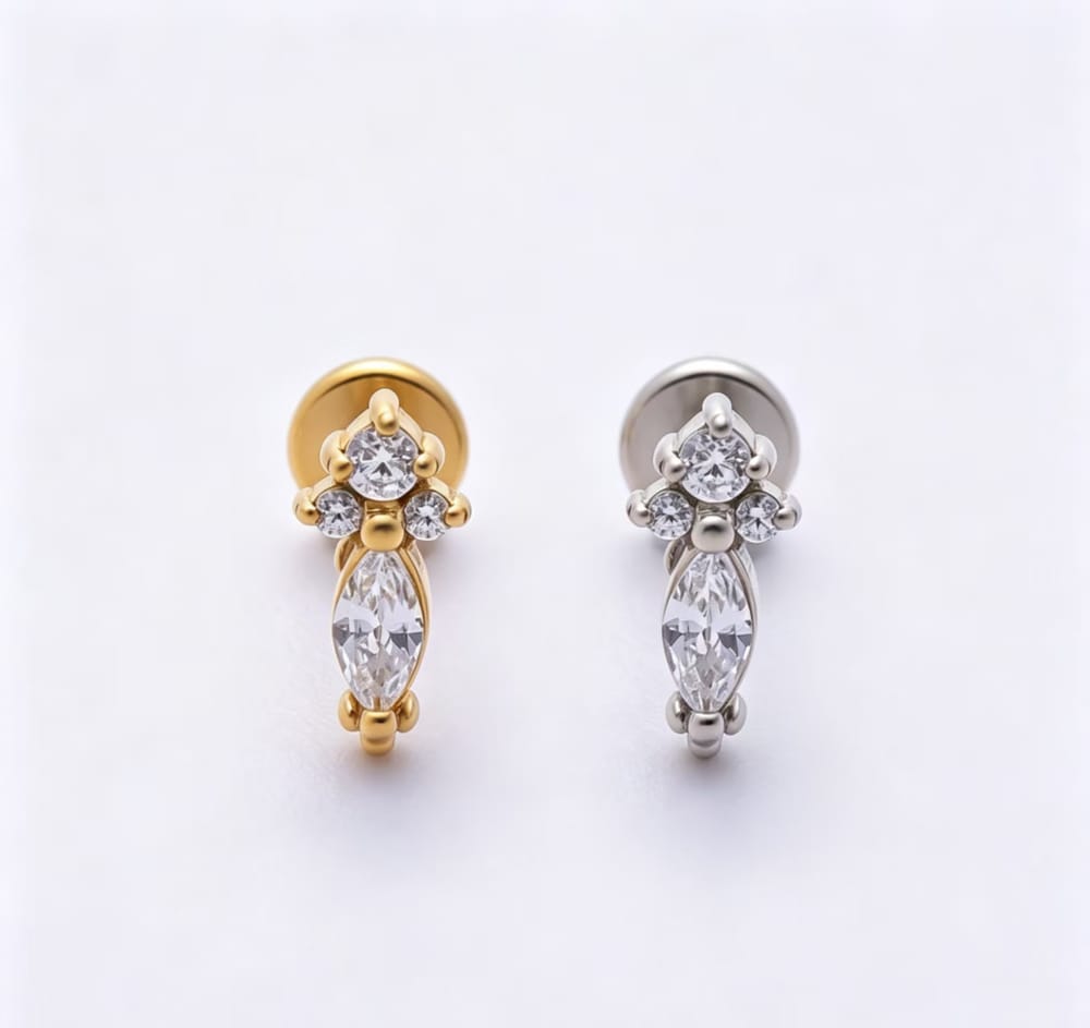Titanium 8mm Marquise Round CZ Cartilage Piercing Flat Back Stud in Gold & Silver | BJ-00257 BJ-00258