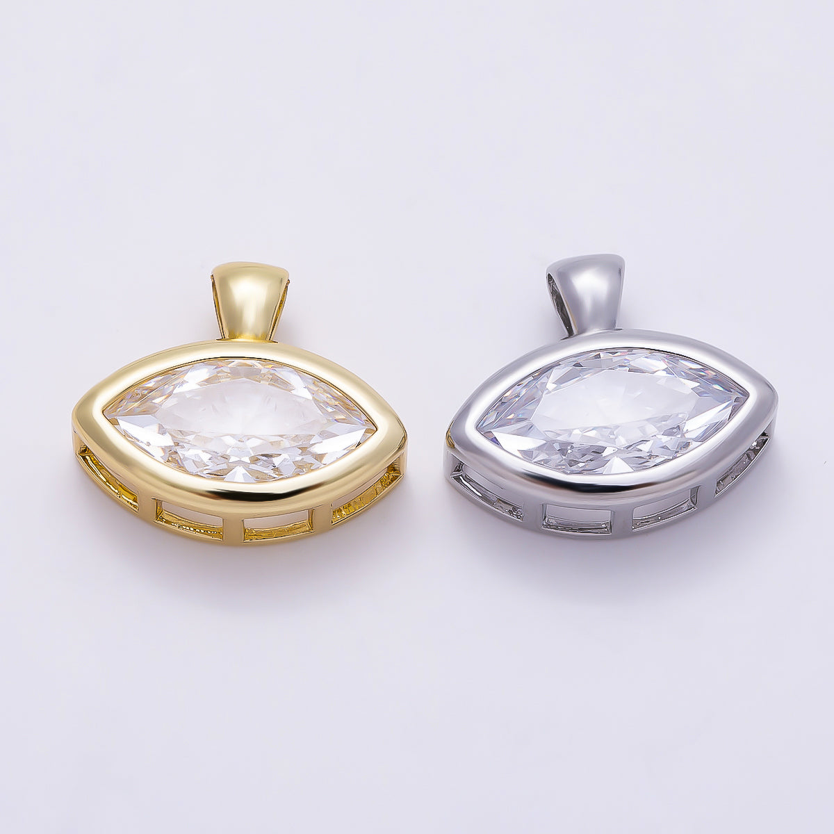 16K Gold Filled 15mm Clear Marquise CZ Ribbed Bezel Mini Pendant in Gold & Silver | Charms-01227 Charms-01228
