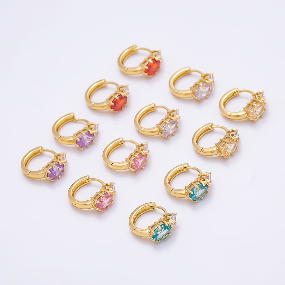 16K Gold Filled 16mm Colorful CZ Solitaire Oval Huggie Hoop Earrings | Earrings-01030 - Earrings-01035