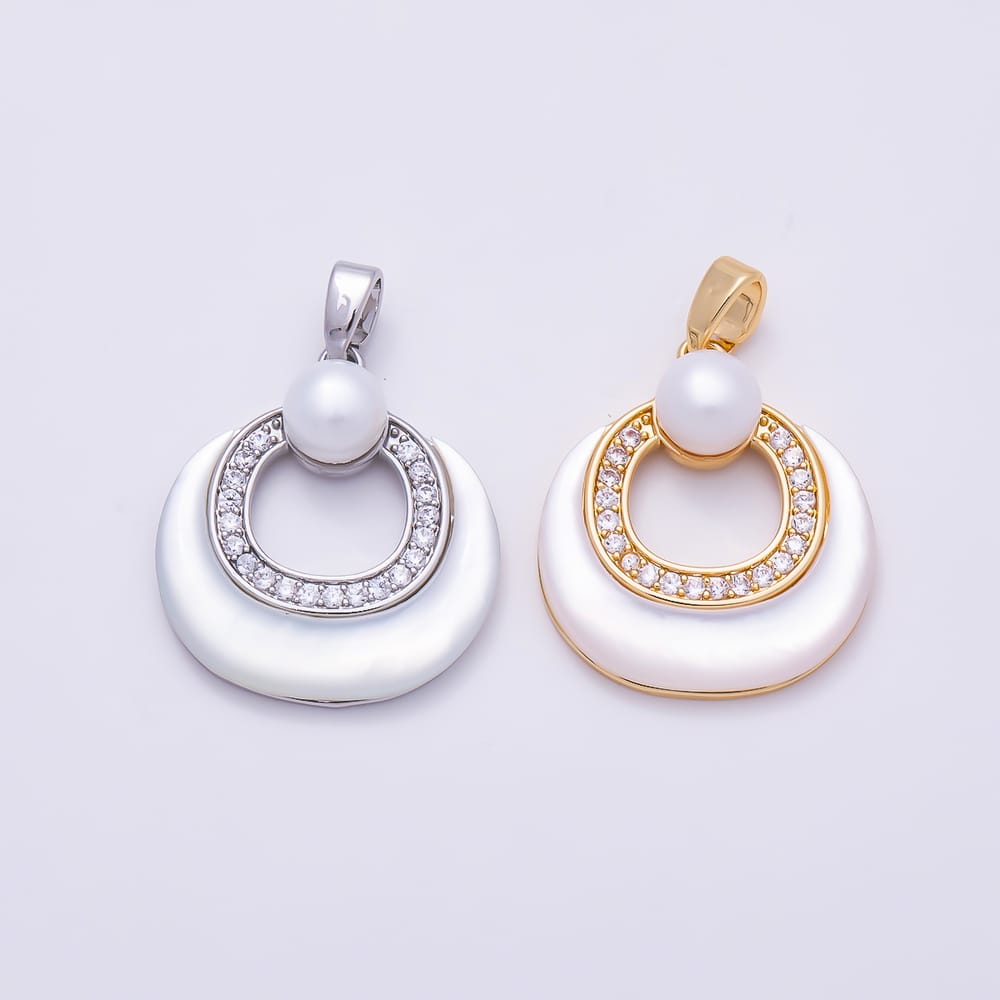 16K Gold Filled 21mm Micro Paved CZ Shell Pearl Open Circle Round Pendant in Gold & Silver | Charms-02369 Charms-02370