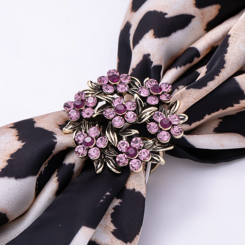 AUNTUMN FALL | Vintage Gold 37mm Purple Rhinestone Leaf Flower Wreath Stopper Woggle Scarf Bandana Bead Bolo Slide | Findings-00182