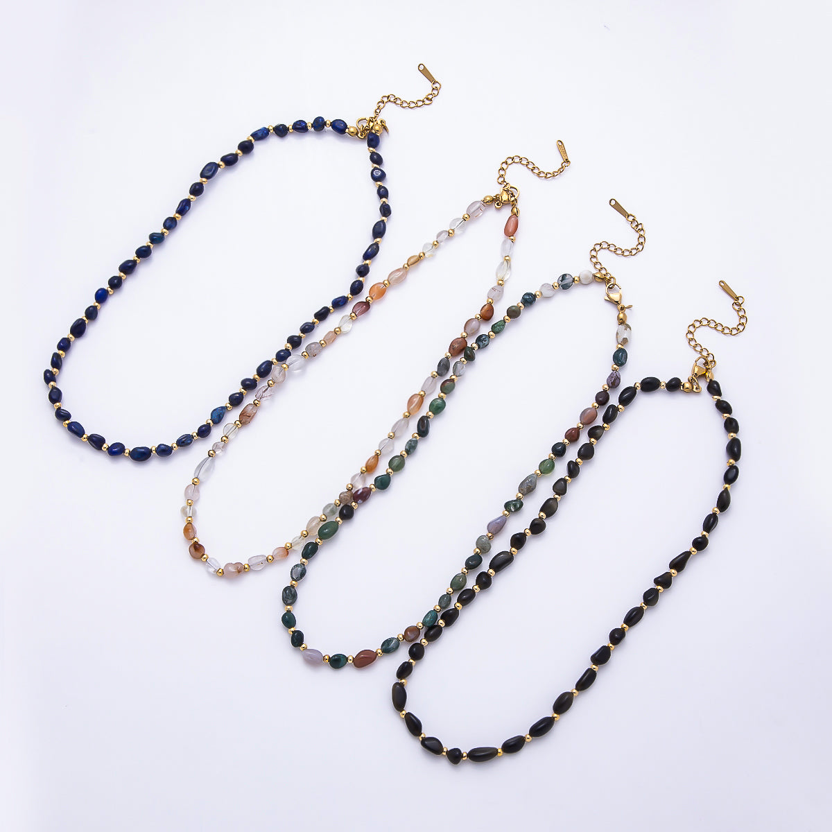 Stainless Steel 5mm Citrine, Lapis Lazuli, Onyx, Moss Agate Oval Pebble Bead Gemstone Chain 16 Inch Necklace | WA-00072 ~ WA-00076