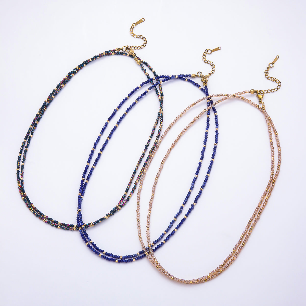 Stainless Steel Gold PVD 3mm Multifaceted Bead Crystal Gemstone Chain 34 Inch Necklace | WA-00029 ~ WA-00069
