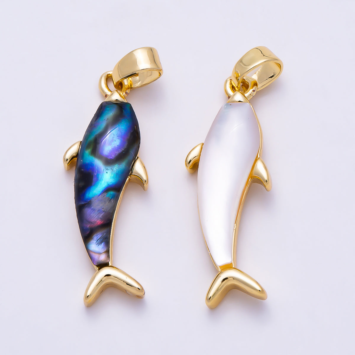 16K Gold Filled 25mm Abalone and White Shell Pearl Dolphin Ocean Beach Pendant | Charms-01981 - Charms-01982