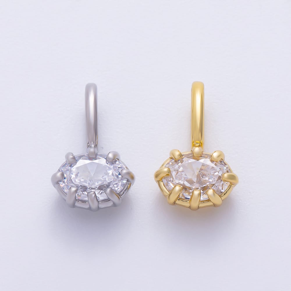 16K Gold Filled 14mm Mini Oval East West Clear CZ Georgian Set Bezel Solitaire Pendant in Gold & Silver | Charms-02424 Charms-02425