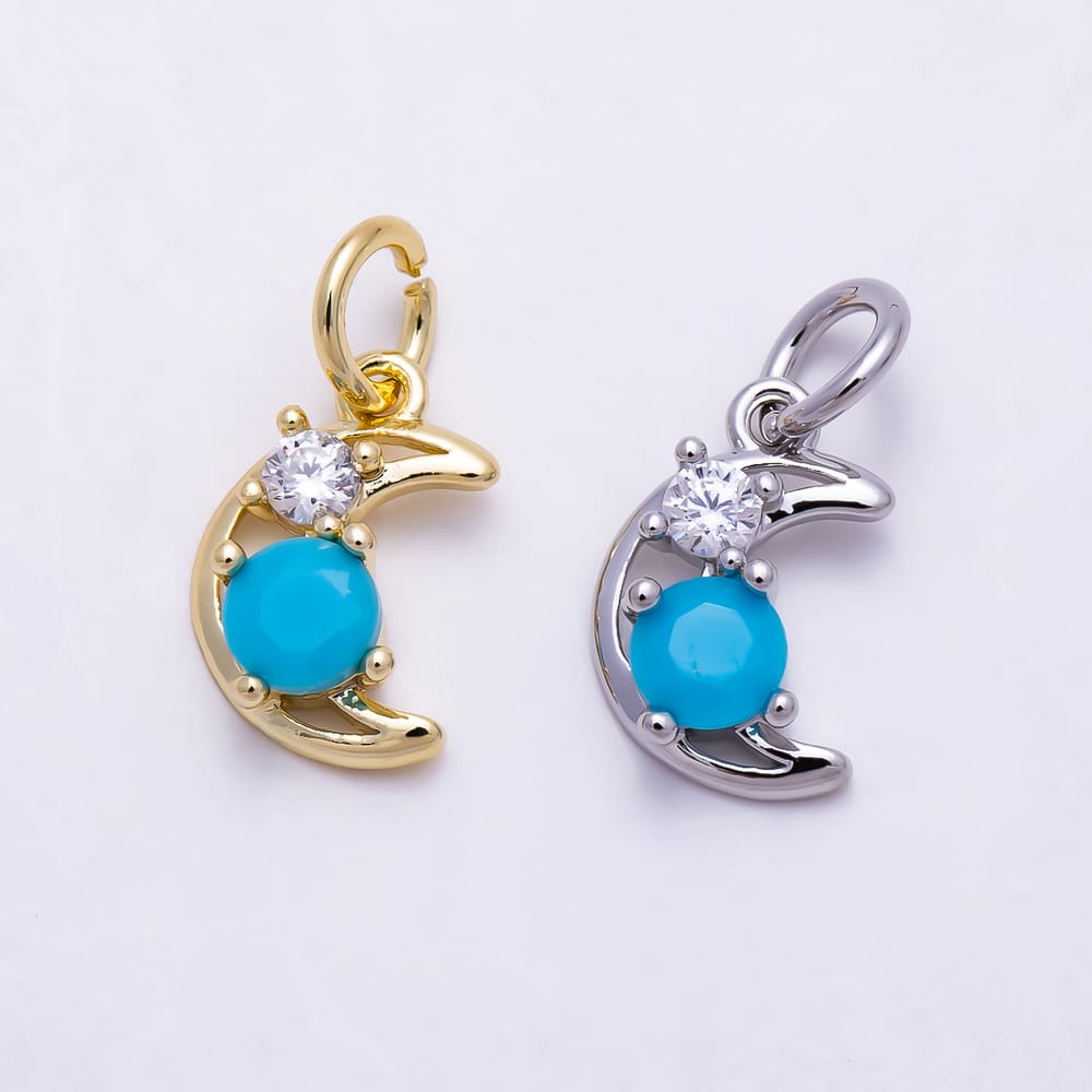 16K Gold Filled 11mm Turquoise Clear CZ Minimalist Crescent Moon Celestial Charm | Charms-02111 - Charms-02112