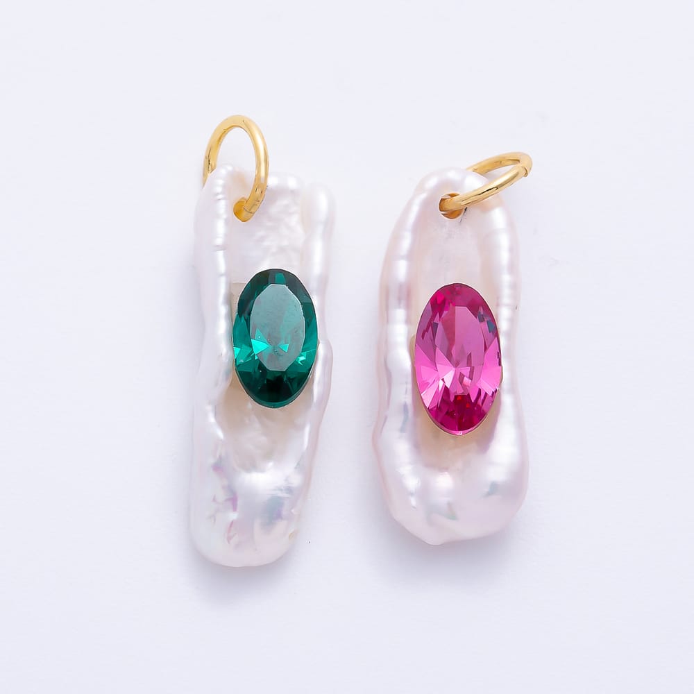 16K Gold Filled 26mm Green, Fuchsia Oval CZ Biwa Freshwater Pearl Rectangle Pendant | Charms-02463 Charms-02464