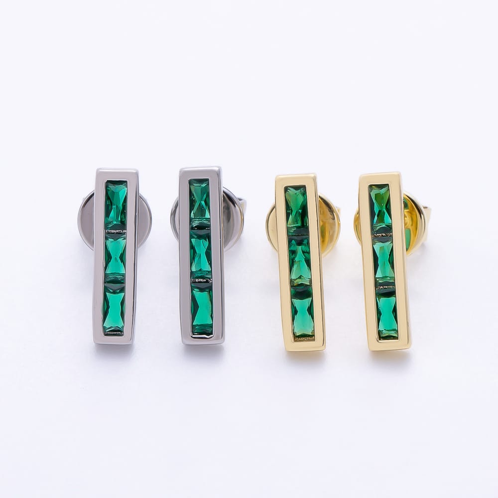16K Gold Filled 14mm Green Baguette CZ Bar Stud Earrings in Gold & Silver | Earrings-01231 Earrings-01232