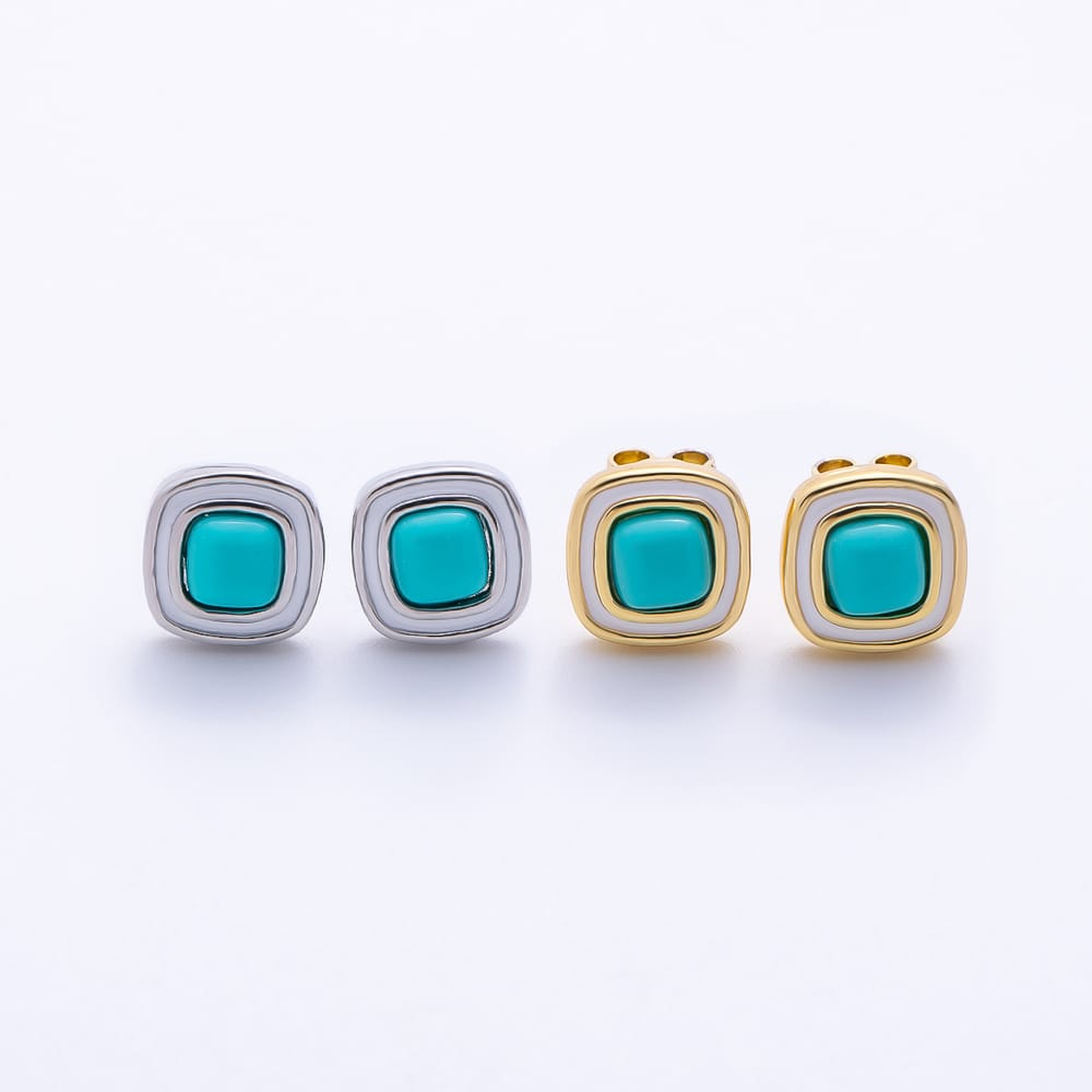 16K Gold Filled 14mm Turquoise Shell Pearl Square Bezel Stud Earrings in Gold & Silver | Earrings-01225 Earrings-01226