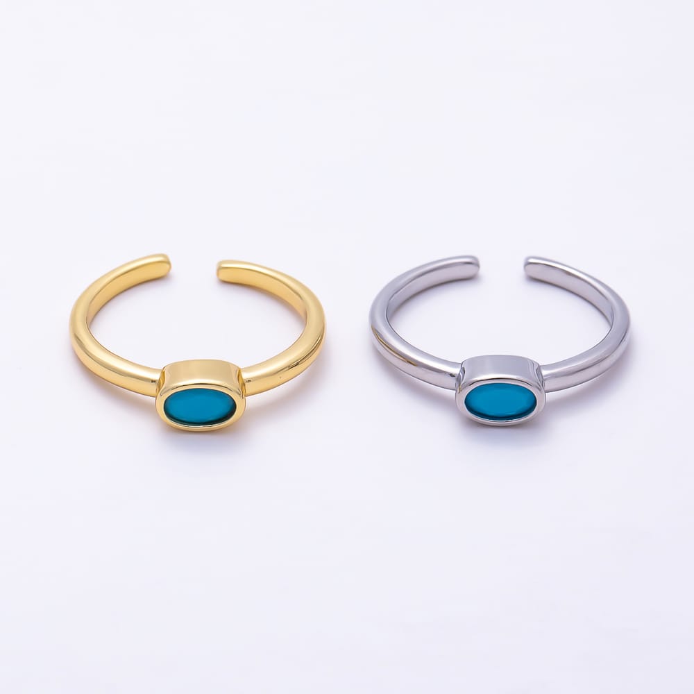 16K Gold Filled Turquoise Oval CZ Solitaire Open Adjustable Ring | Rings-00397 - Rings-00398