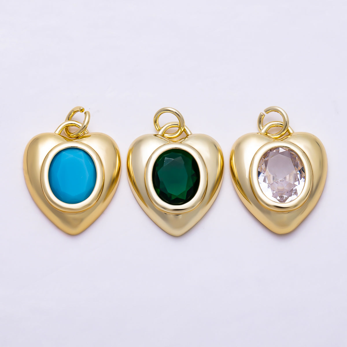 16K Gold Filled 18mm Emerald, Turquoise, and Clear Oval Faceted CZ Puffy Heart Pendant | Charms-01921 - Charms-01923