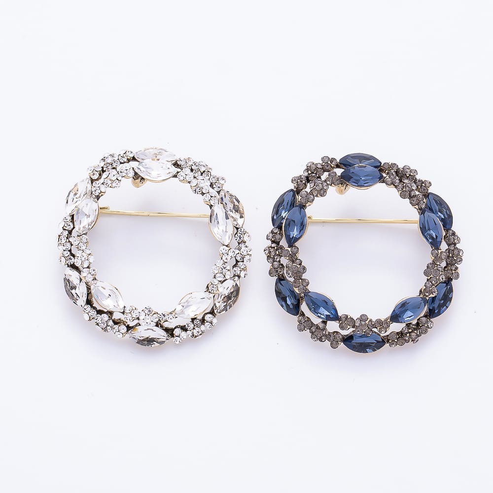 Vintage Gold Clear, Blue Marquise Rhinestone Leaf Flower Wreath Round Pin Brooch | BH-00221 BH-00222