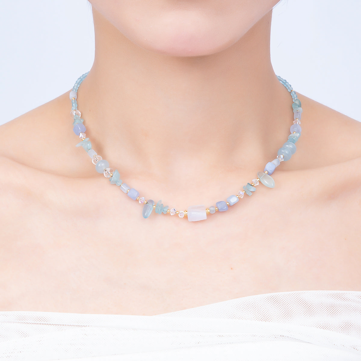 Handmade 5mm Blue Aquamarine Rondelle Pebble Multi Gemstone Chain 16 Inch Necklace | WA-04732