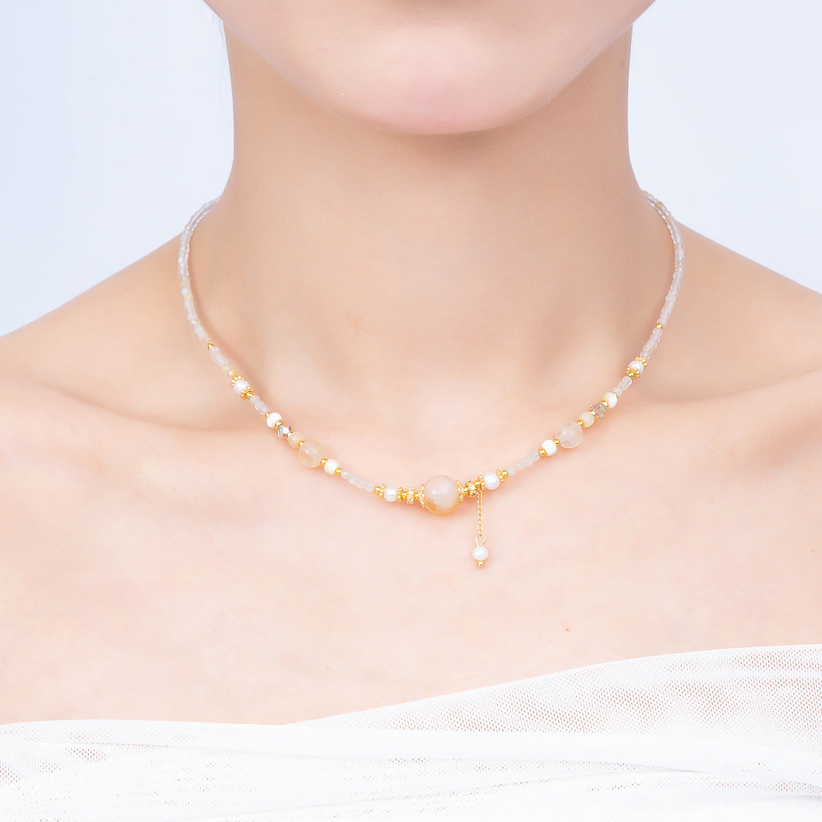 Handmade Shell Pearl White Quartz Gemstone Chain 16 Inch Necklace | WA-04735