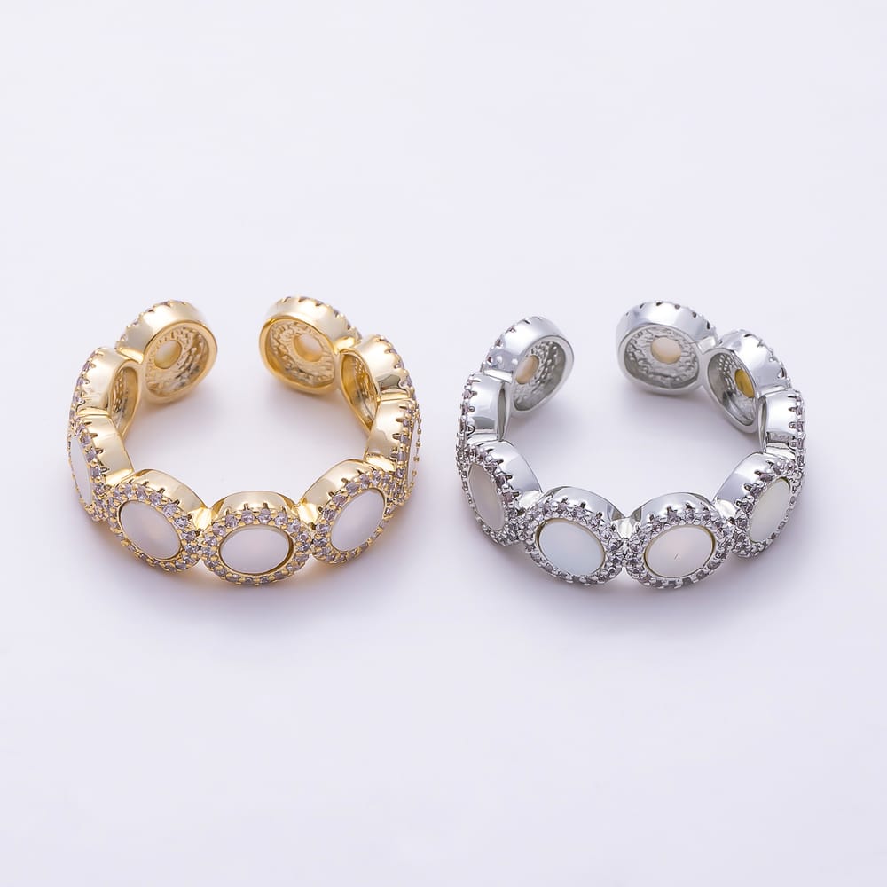 16K Gold Filled White Mother of Pearl Micro Paved CZ Open Band Adjustable Ring | Rings-00399 - Rings-00400