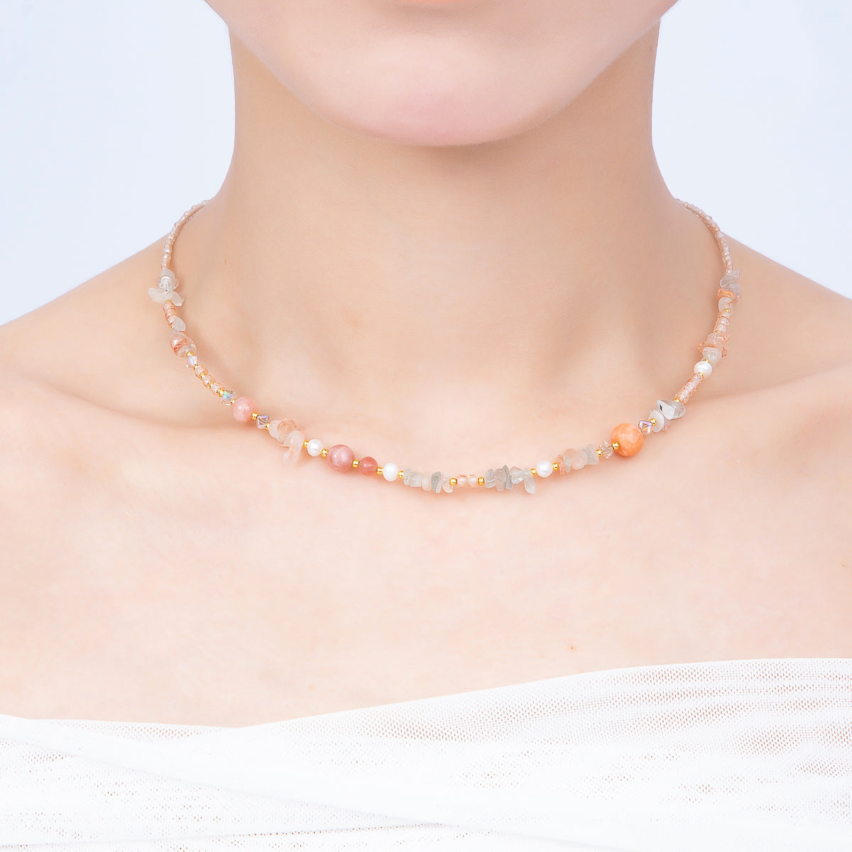 Handmade 5mm Shell Pearl Pink Quartz Blue Aquamarine Round Pebble Gemstone Chain 16 Inch Necklace | WA-04737