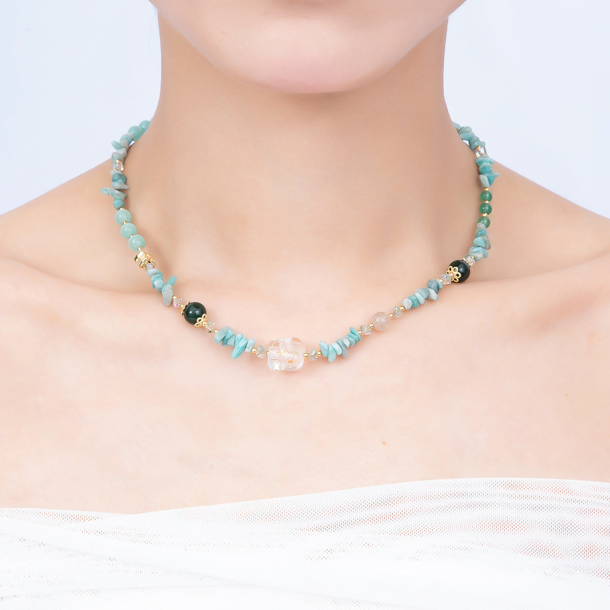 Handmade 5mm Blue Amazonite Multi Round Pebble Gemstone Chain 16 Inch Necklace | WA-04741