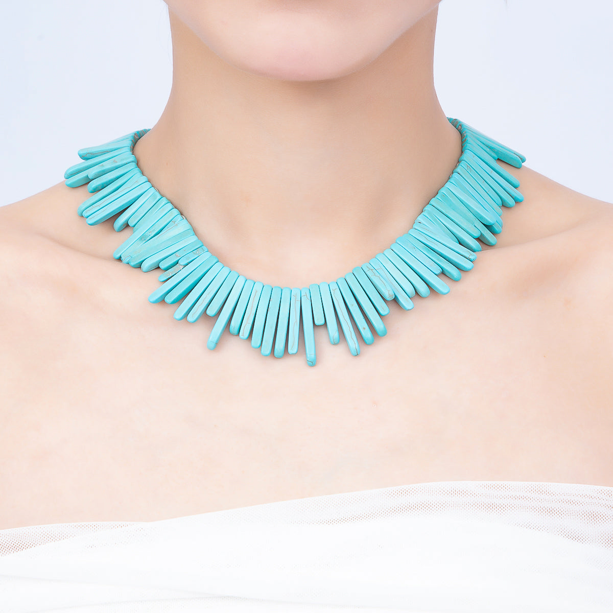 SUMMER 16K Gold Filled Turquoise Linear Rectangle Gemstone 15 Inch Chain Necklace | WA-04757