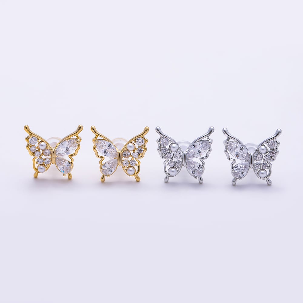 16K Gold Filled 14mm Multi Cut CZ Shell Pearl Butterfly Mariposa Stud Earrings| Earrings-01019 - Earrings-01020