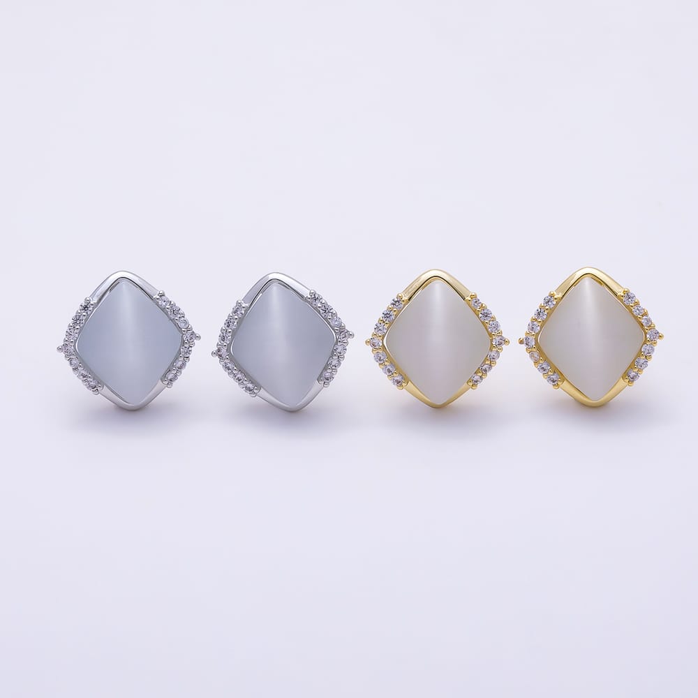 16K Gold Filled 16mm Clear CZ & White Opal Geometric Diamond Shape Stud Earrings | Earrings-01021 - Earrings-01022
