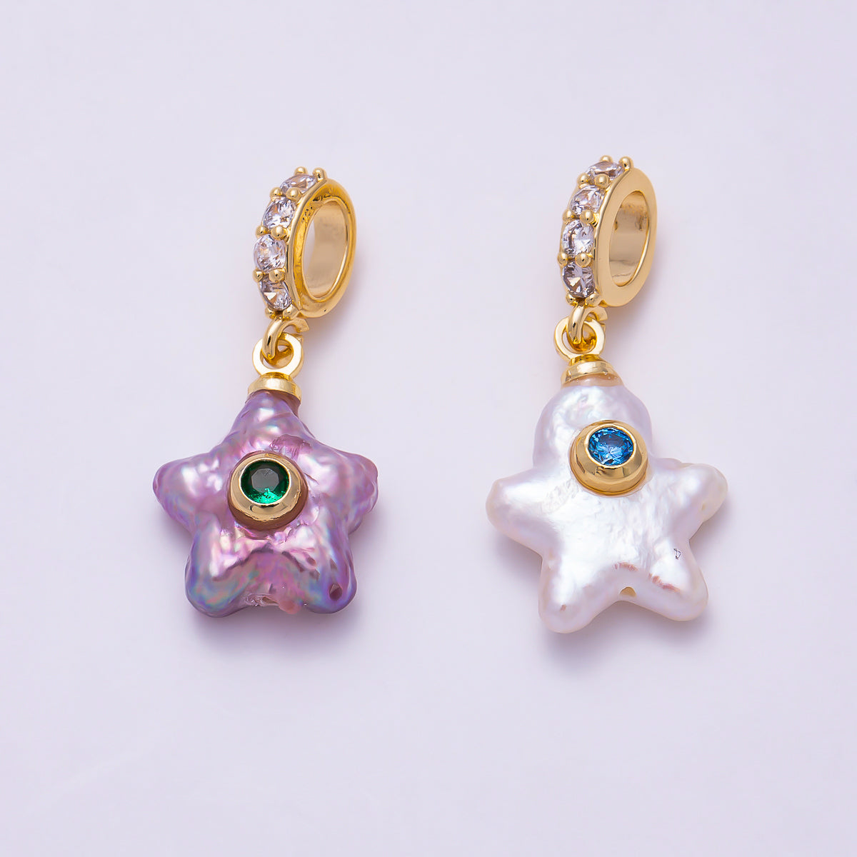 18K Gold Filled 17mm White, Purple Freshwater Pearl Celestial Star Micro Paved CZ Drop Rondelle Pendant | Charms-01589 Charms-01590