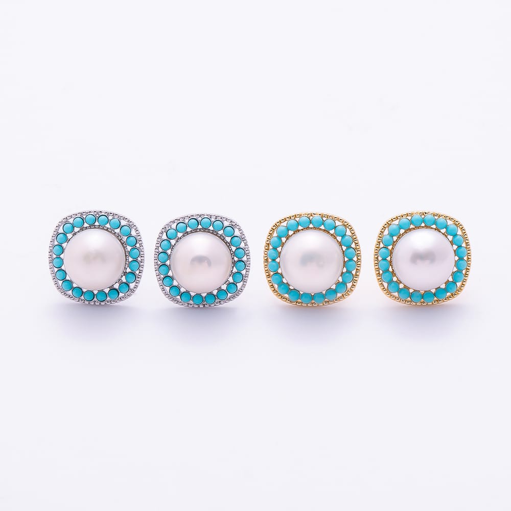 16K Gold Filled 15mm Shell Pearl Turquoise Round Square Stud Earrings in Gold & Silver | Earrings-01233 Earrings-01234