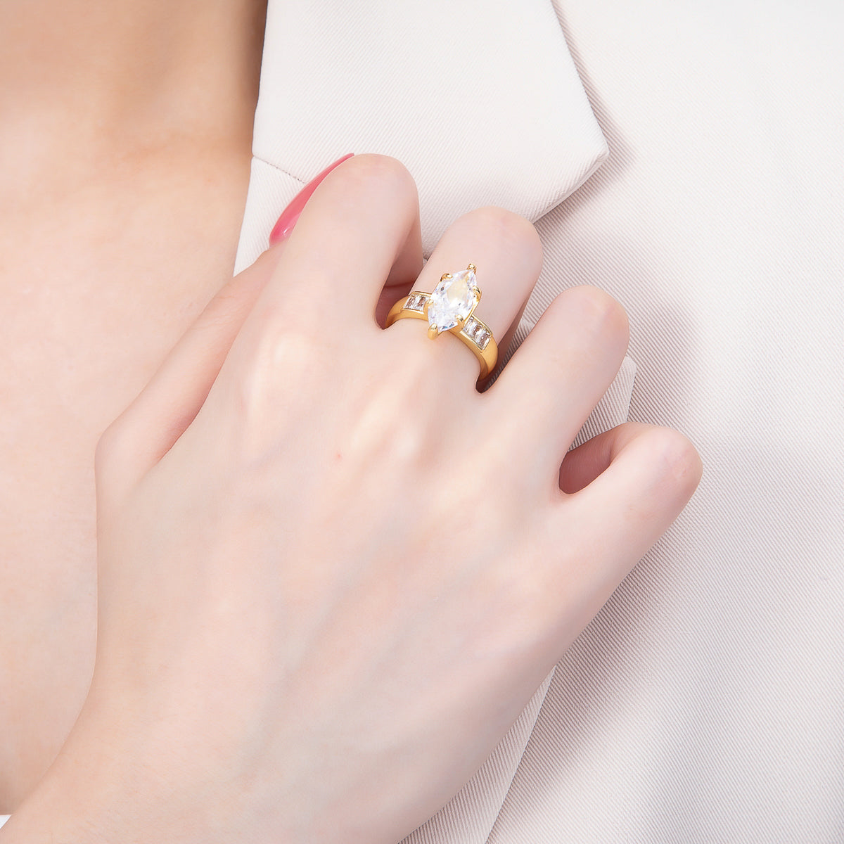 16K Gold Filled Clear Marquise Baguette CZ Adjustable Ring in Gold & Silver | Rings-00291 Rings-00292