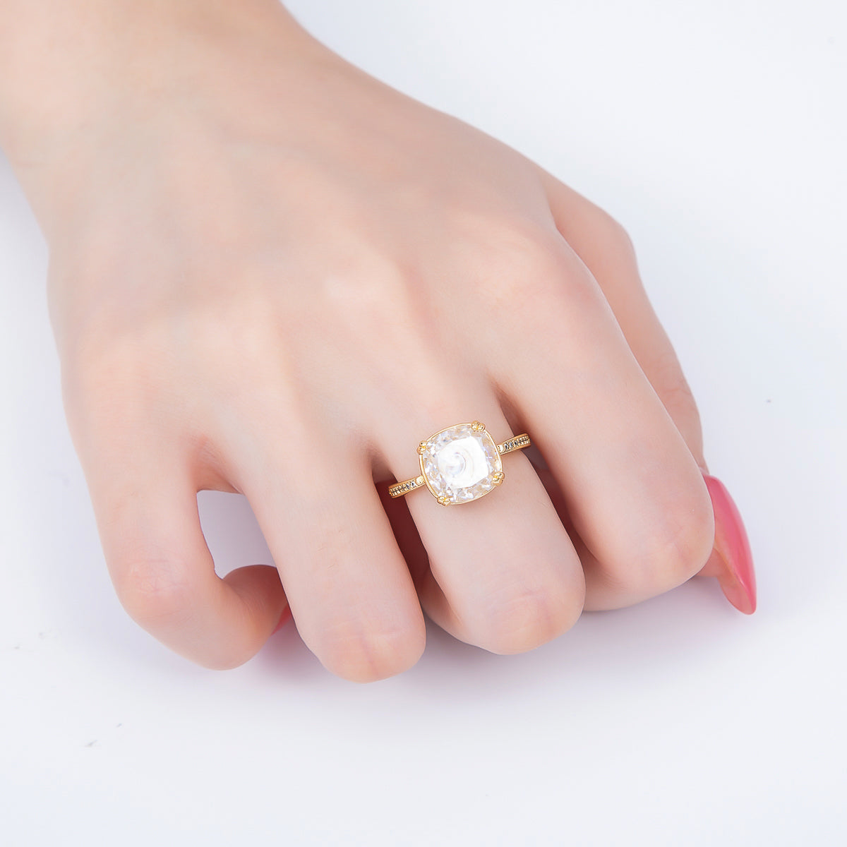 16K Gold Filled Clear Rounded Square Baguette Prong Micro Paved CZ Ring | Rings-00290
