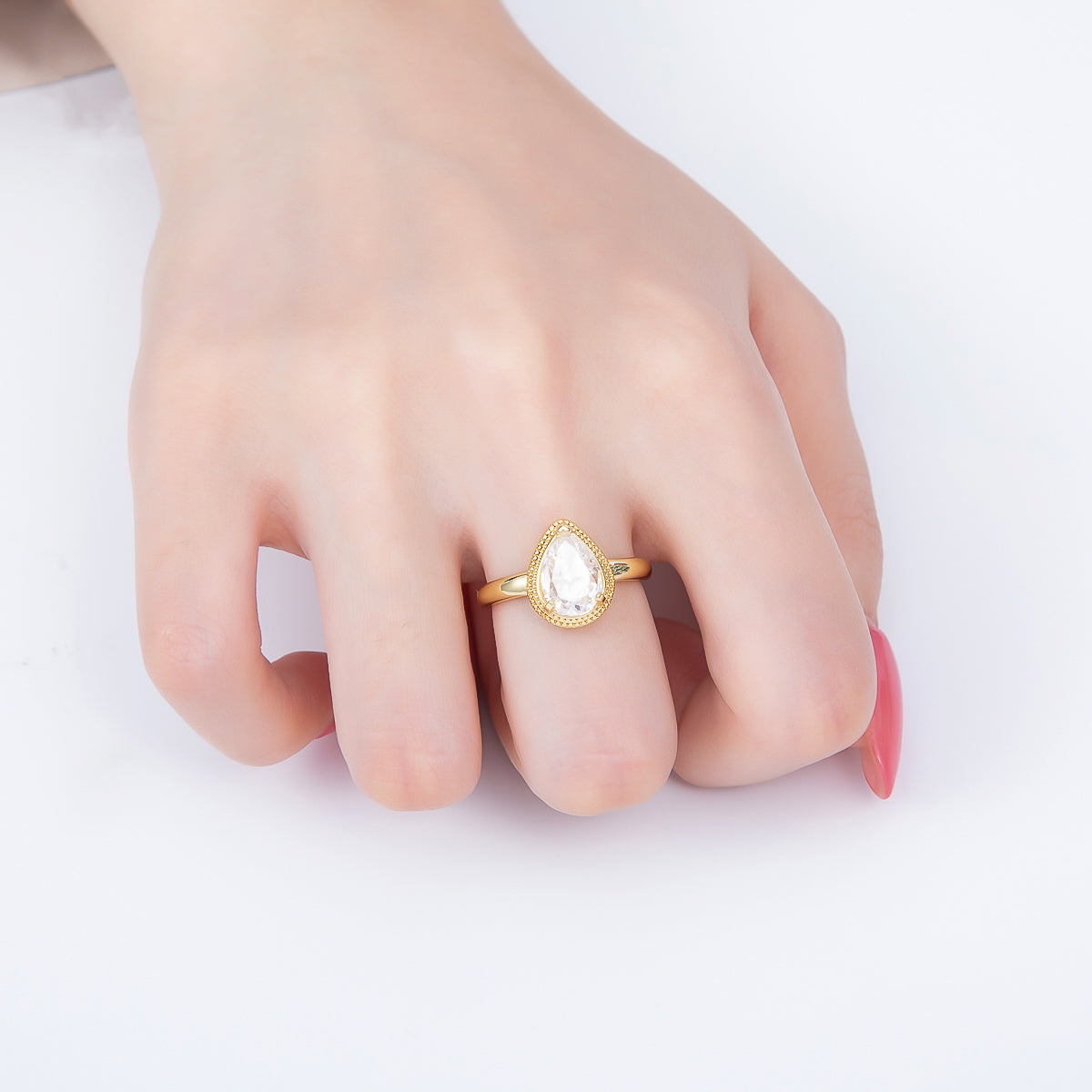 16K Gold Filled Clear CZ Teardrop Bezel Solitaire Ring | Rings-00283