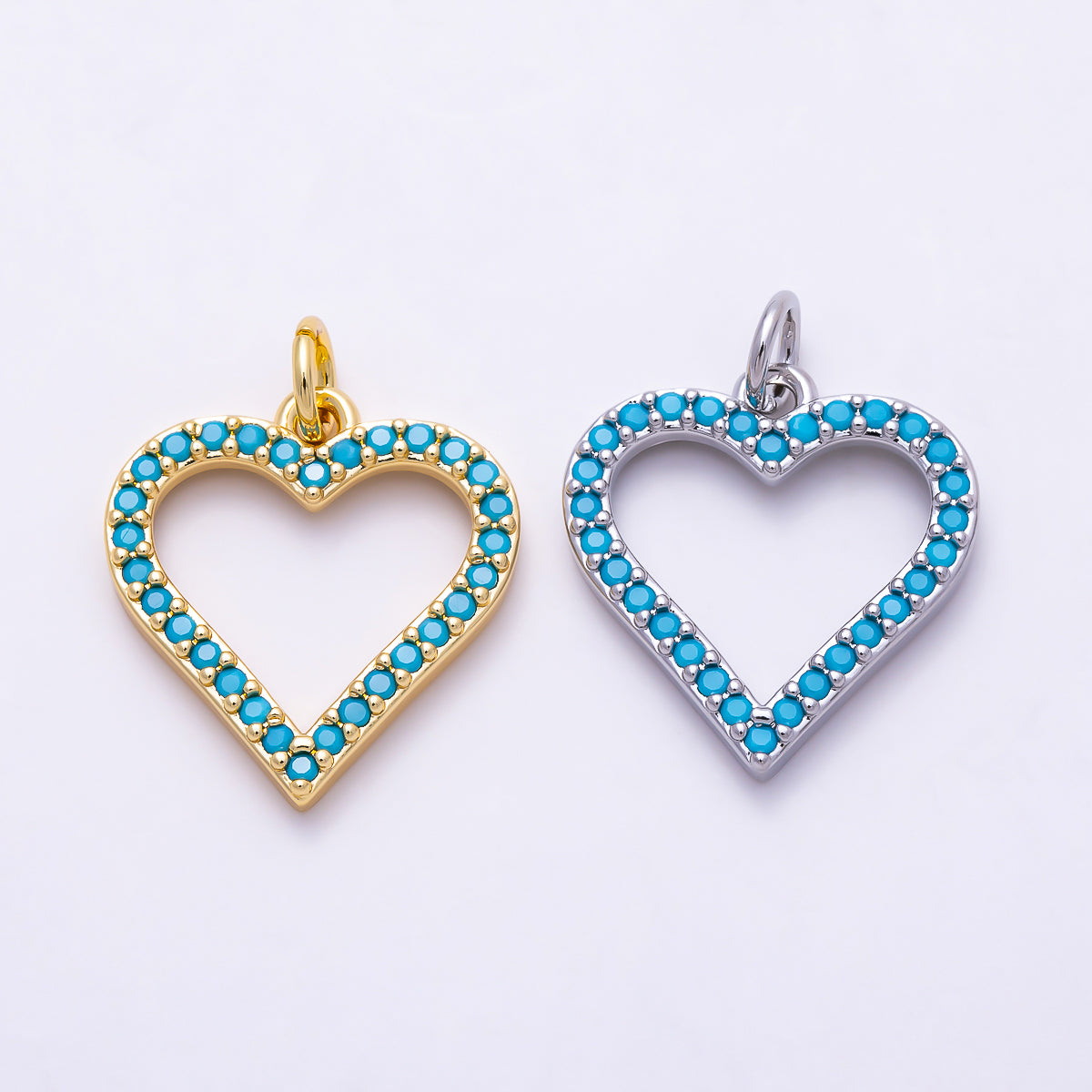 16K Gold Filled 17mm Turquoise Micro Paved Open Heart Charm in Gold & Silver | Charms-02025 Charms-02026