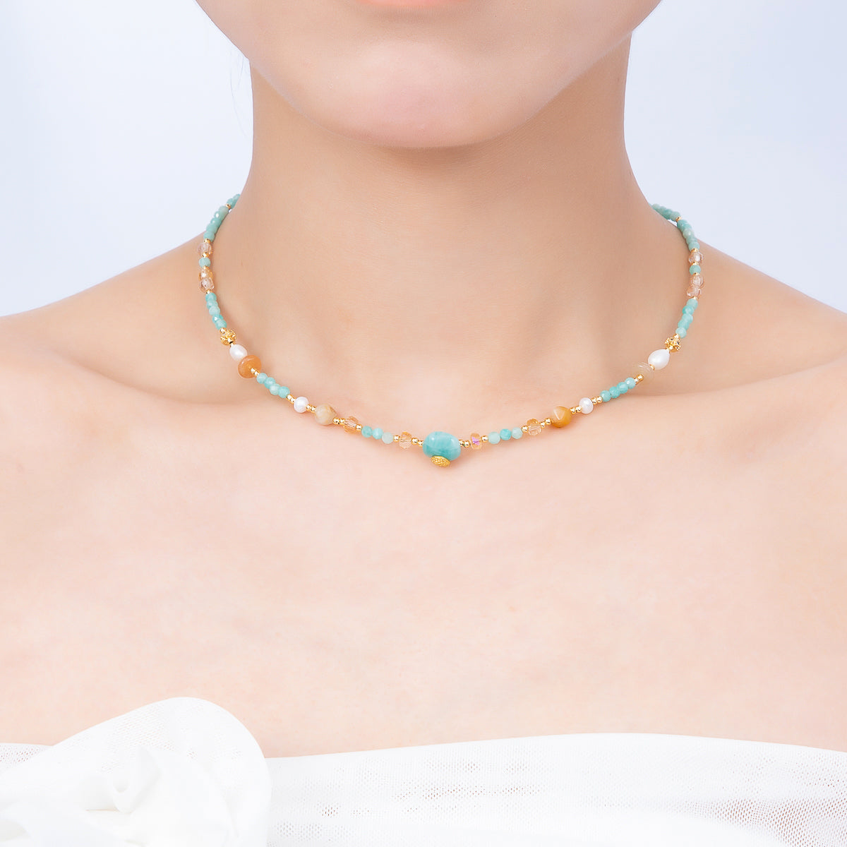 Handmade 4mm Citrine Aquamarine Round Gemstone Chain 16 Inch Necklace | WA-00319