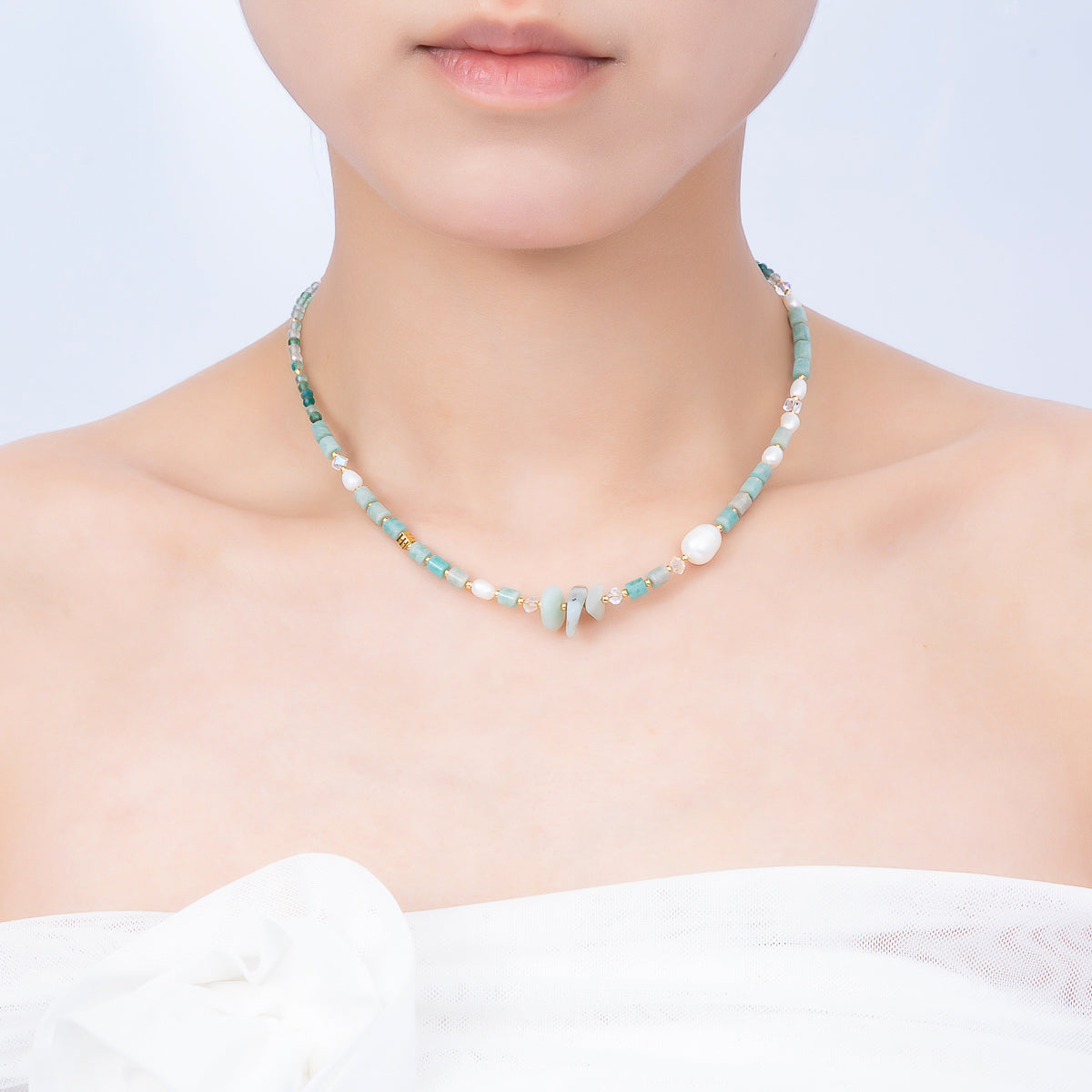 Handmade 4mm Shell Pearl Amazonite Tube Round Gemstone Chain 16 Inch Necklace | WA-00317