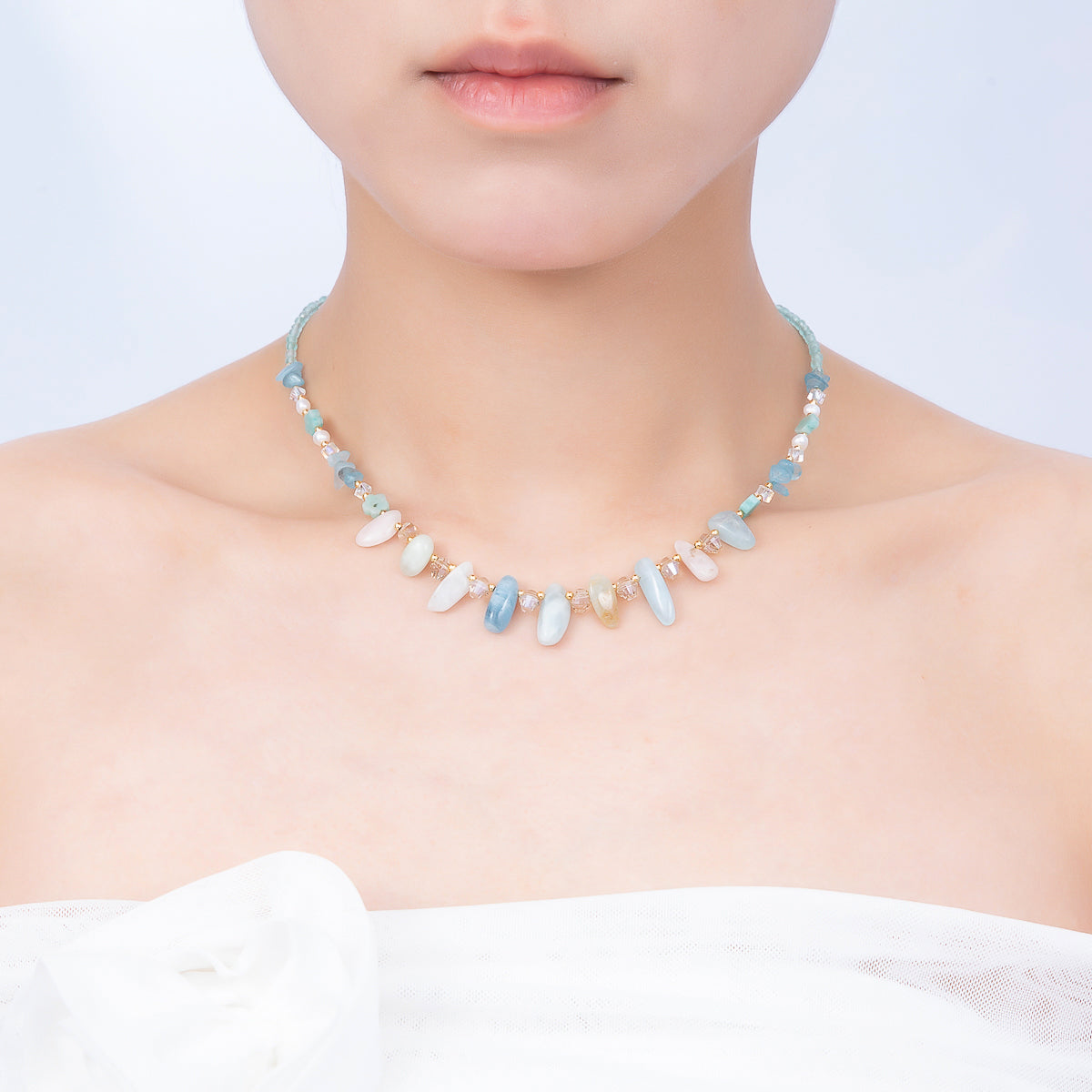 Handmade 3mm Blue Aquamarine Spiked Multifaceted Round Gemstone Chain 16 Inch Necklace | WA-00382
