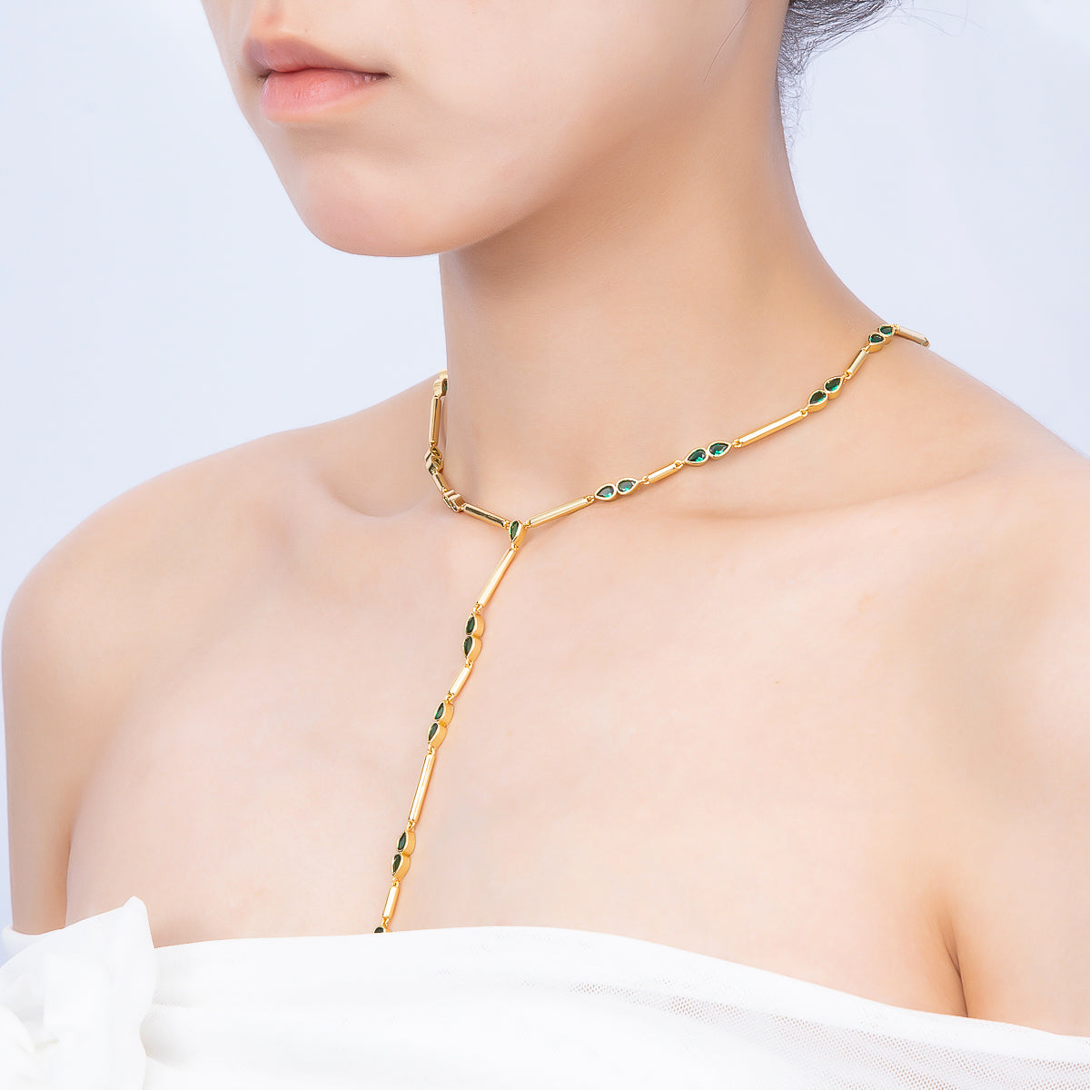 16K Gold Filled 4mm Clear, Green, Fuchsia CZ Teardrop Bar Lariat 17.5 Inch Necklace | WA-00146 WA-00153 WA-00185