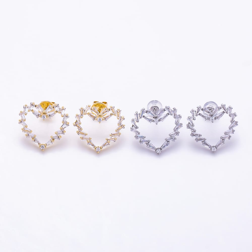16K Gold Filled 18mm Clear Baguette CZ Open Heart Stud Earrings| Earrings-00874 - Earrings-00875