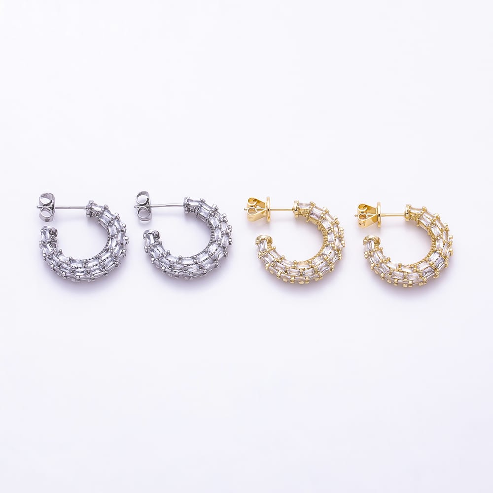 16K Gold Filled 25mm Baguette Lined C-Shaped Hoop Earrings in Gold & Silver | Earrings-00878 Earrings-00879