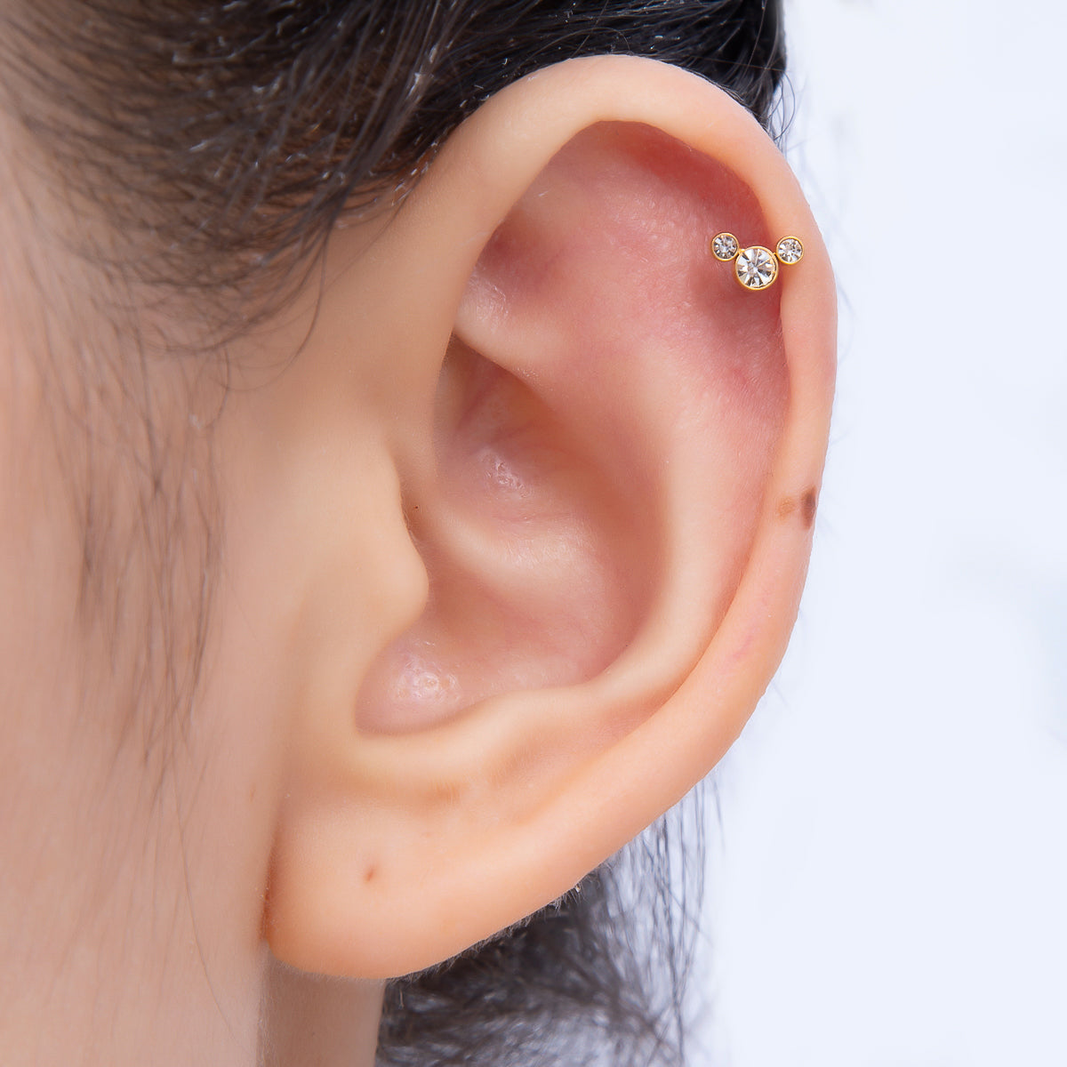 Titanium 11mm Triple Round CZ Bezel Cartilage Piercing Flat Back Stud in Gold & Silver | Findings-00433 Findings-00434